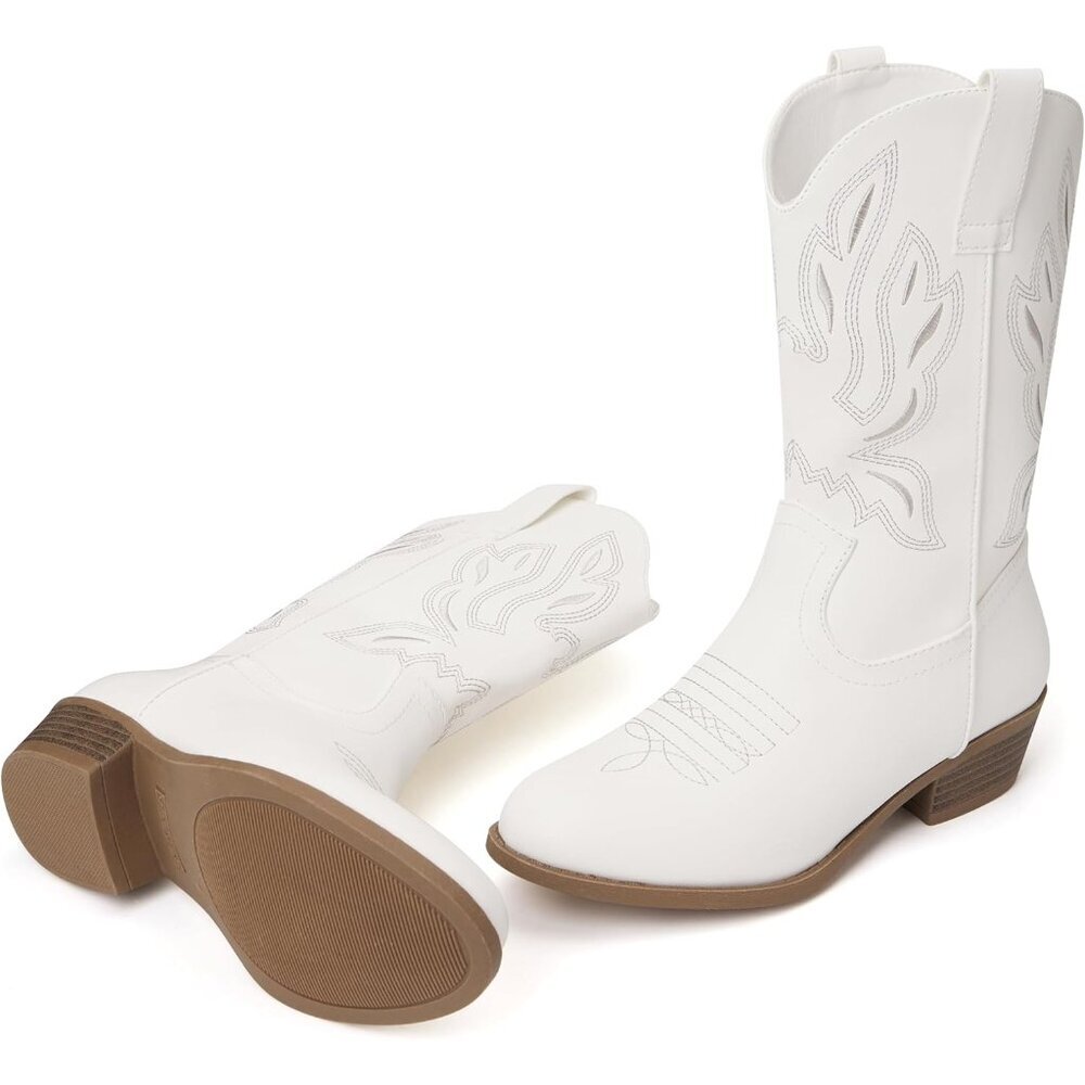 ⚡Kid White Polyurethane Cowboy Pointed Toe Mid-Calf Embroidered Side Zipper Boot - Picture 5 of 6
